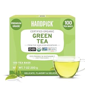 HANDPICK, Organic Green Tea Bags – 100 Eco-Friendly Tea Bags | USDA Organic | Resealable Pack for Freshness | Delicate & Flavory | Direct From India