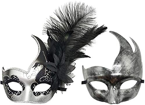 Coolwife Costume Mask Feather Masquerade Mask Halloween Mardi Gras Cosplay Party Masque (Couple Silver Black)