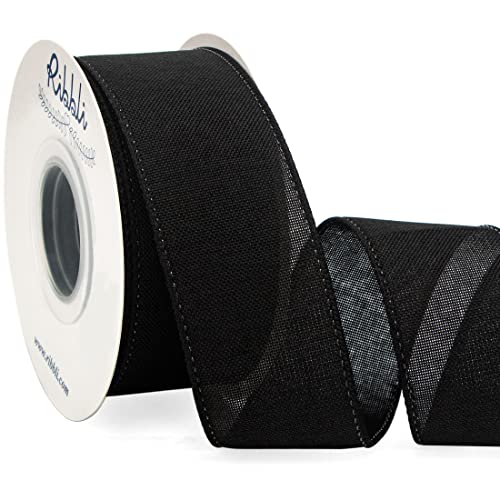 Ribbli Black Linen Wired Ribbon 1-1/2 Inch x 10 Yard Burlap Wired Ribbon for Wreaths Big Bows Gift Wrapping Christmas Decoration