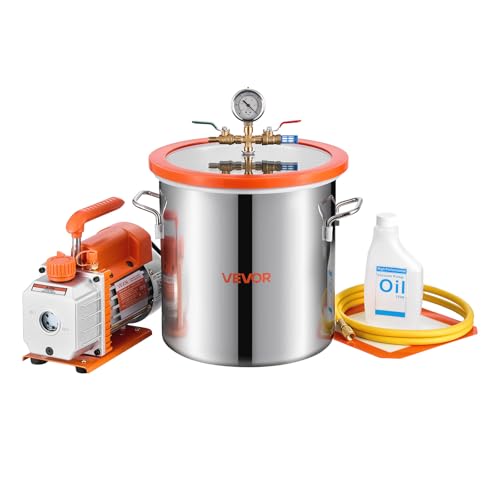 VEVOR 3 Gallon Vacuum Chamber with Pump, 3.5 CFM, Single Stage Vacuum Pump, Stainless Steel Degassing Chamber Kit with Tempered Glass Lid, 5 ft Hose, for Stabilizing Wood Degassing Silicone Resin