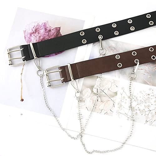 Women's 100x3.8cm PU Leather Double-Grommet Belt with Chain - Punk Rock Style, Adjustable, Black 5