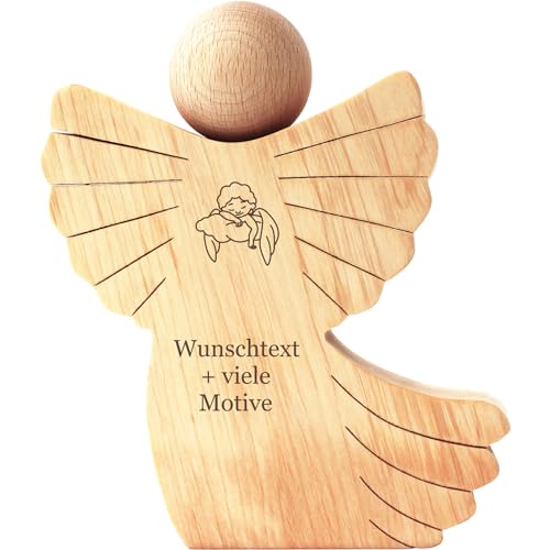 Geschenkissimo Sternenkinder Engel aus Holz mit Gravur - Name, Datum, Spruch + Motiv – Engel für Sternenkind, Grabschmuck, Trauerschmuck, Trauergeschenk, Trostgeschenk