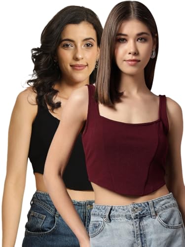 Image of Trend Arrest.ed Women's Stretchable Corset Style Crop Top | Square Neck Sleeveless Zipper Back Body-Hugging Fit | Casual