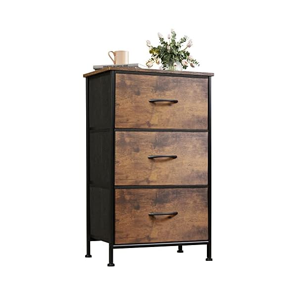 WLIVE Dresser with 3 Drawers, Fabric Nightstand, Organizer Unit, Storage Dresser for Bedroom, Hallway, Entryway, Closets, Sturdy Steel Frame, Wood Top, Easy Pull Handle, Rustic Brown Wood Grain Print