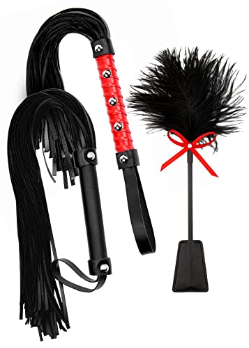 Black Flogger 18 inch Feather Tickler 15 inch - Faux Leather Horse Riding Whip Kit - Equestrian Horse Whips - French Tickler Crop