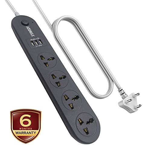 Image of ADDMAX Extension Cord with USB - 4 Socket Power Strip with 3 USB Ports | 3 Meter Heavy Duty Cord | 10A 220V Multi Plug Extension Board | Fire Flame Proof Surge Protector for Home & Office - Dark Grey