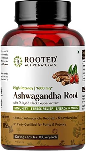 Rooted Ashwagandha Root Capsules (5% Withanolides), Pure Extract | 30 Caps, 500 Mg Each