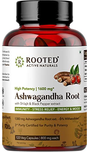 Image of Rooted Ashwagandha Root Capsules (5% Withanolides), Pure Extract | 30 Caps, 500 Mg Each