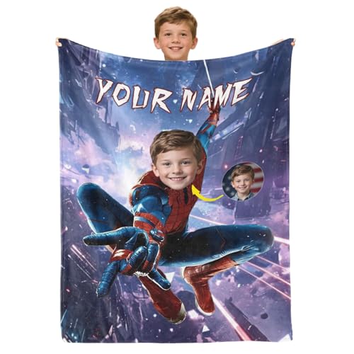Adsbulu Personalized Superhero Blanket for Kids with Photo and Name - Custom Super Hero Throw Blankets for Boys Girls Birthday Christmas