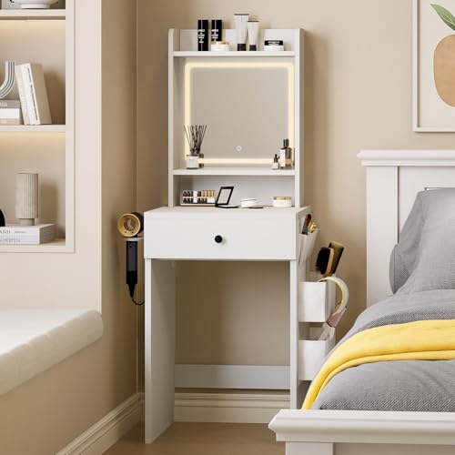 oneinmil Small Vanity Desk with 3 Adjustable Lighted LED Mirror and Power Outlet, Storage Side Bag, Small White Vanity Desk Table for Bedroom, Mini Makeup Dressing Table for Small Space