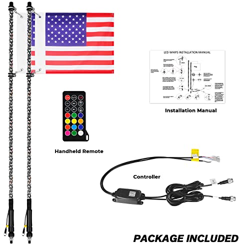 OHMU 2Pcs 4FT Led Whip Lights with Bluetooth and Remote,Upgraded Higher Brightness 360° Dancing Spiral RGB Chasing Offroad Warning Lighted Antenna LED Whips for UTV,ATV,Buggy Dune,RZR,Can-am,Boat