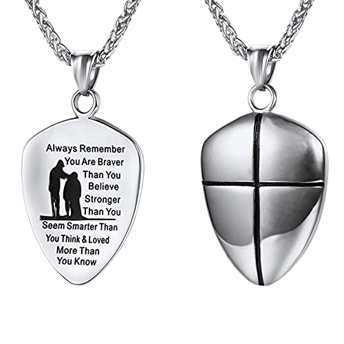 U7 Shield of Faith Pendant Necklace,Stainless Steel Joshua 1:9/Ephesians 6:10 Amulet Necklace for Men Women 4.[You're Braver than You Think]-Silver