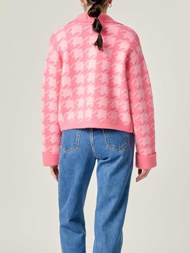 HOULENGS Women's Casual Plaid Cropped Cardigan Sweater Long Sleeve Button Down Lapel Knit Sweater Coats with Pockets2