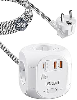 LENCENT Listwa zasilająca z 4 gniazdami wtykowymi typu C, PD20W, 7 w 1, kostka, listwa zasilająca z 2 USB 3.0 i 1 PD20W, wtyczka USB z plecionym kablem 3M