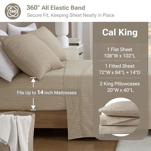 Image of Sleep Philosophy True North Flannel Sheets Cal King, Cozy 100% Cotton Flannel Bed Sheets, Ultra Soft Cute Sheet Set, Novelty Print Themed Cold Weather Warm Bedding Set, Beige White Stripes, 4 Piece