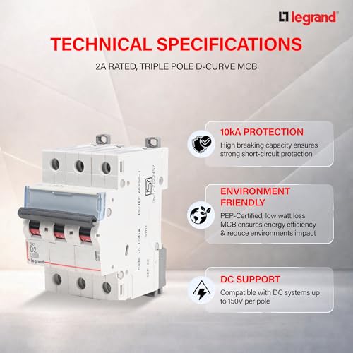 Image of Legrand DX 2A Triple Pole MCB D Curve 10kA | 3-Phase High Inrush Miniature Circuit Breaker | ISI Marked IS /IEC 60898-1 | Short Circuit Protection for Residence, Shop, Office, Industry Use