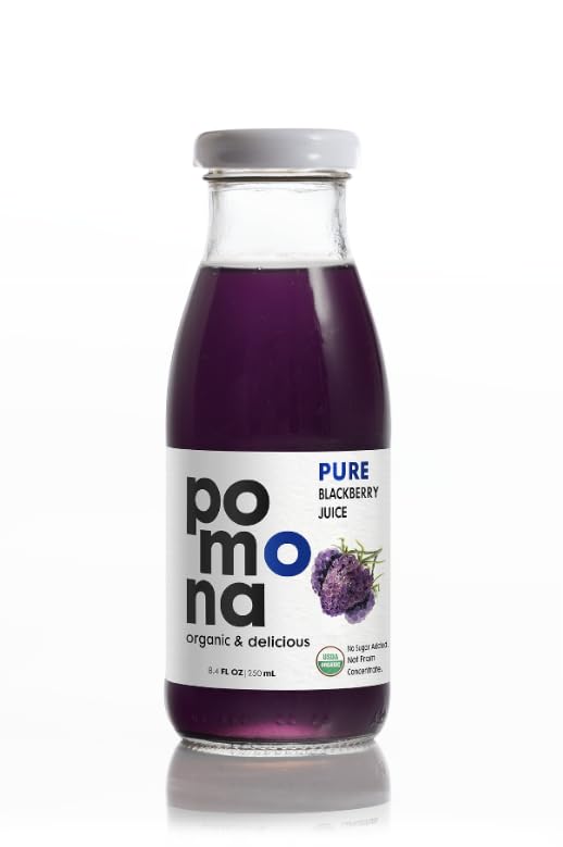 Image of Pomona Organic Blackberry Juice (Pack Of 12), Cold Pressed USDA Organic Juices, 100% Blackberries, No Added Sugar, Not From Concentrate, Vegan, Kosher, Non GMO, Pasteurized, 8.4 Oz Glass Bottles
