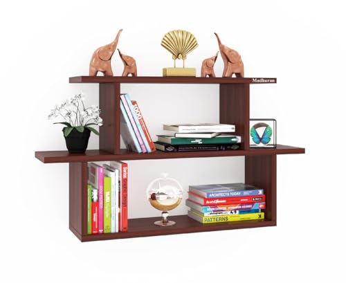 Image of Madhuran Engineered Wood Wall Mounted Books Shelf Stands Cabinet (Matte Teak) / Office Kitchen Bedroom Library Storage Living Room Bathroom Design Shelves
