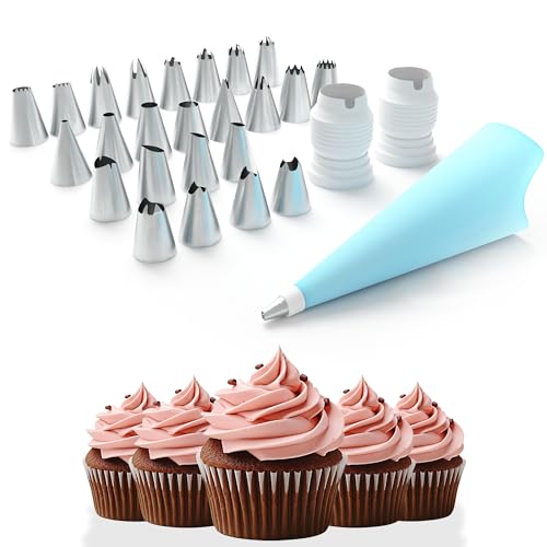 ZENO Piping Bags and Icing Nozzles - 24 Piece Cake Decorating Set | Stainless Steel Nozzles | Reusable Silicone Piping Bag | Suitable for Cakes, Cupcakes, Cookies