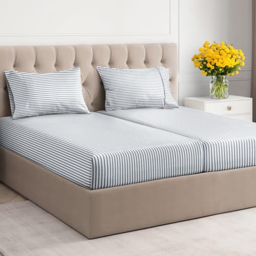 Image of Split King 5 Piece Striped Sheet Set - Breathable & Cooling - Ocean Stripe