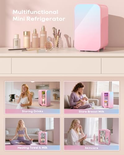 Image of BEICHEN Mini Fridge, 6 Liter /8 Can Skincare Fridge, 110V AC /DC Portable Thermoelectric Cooler & Warmer for Skin Care, Cosmetics, Beverage, Food, Great for Bedroom, Office, Dorm (Pink)