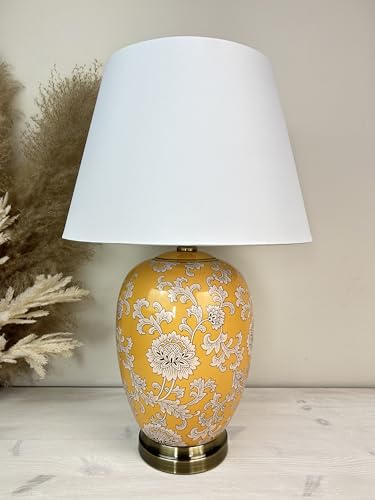 DOWNTON INTERIORS Yellow Chinese Oriental Ceramic Porcelain Table Lamp with Off White Floral Pattern (G2115) (White Plain Shade)
