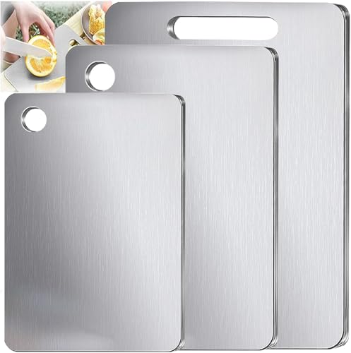 100% Pure Titanium Cutting Board Set of 3, Double-Sided Pure Cut Titanium Cutting Boards for Kitchen Dishwasher Safe, Food-Grade Metal Meat Chopping Board Mat for Home & Outdoor Camping (M+L+XL)