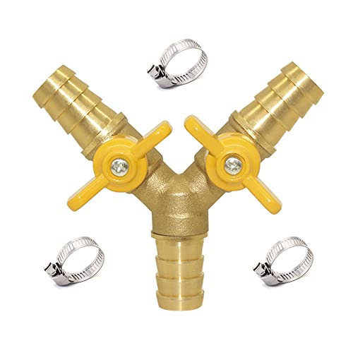 Hooshing Brass 3 Way Shut Off Valve 3/4" Hose Barb 2 Switch Y Shaped Ball Valve with Stainless Clamps for Water Fuel Air