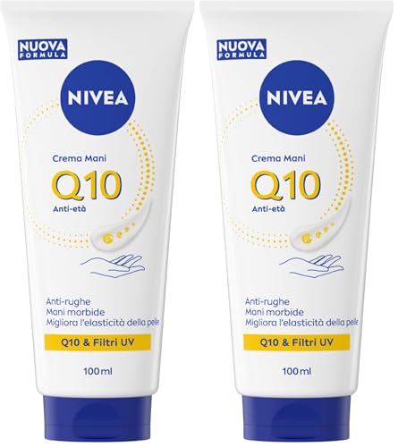 NIVEA Q10 Crema Mani Anti-Età 100 ml, Crema mani antiage e idratante 48h, Hand cream antirughe con Coenzima Q10 e Filtri UV, Migliora l'elasticità, Assorbimento rapido, Per tutti i tipi di pelle