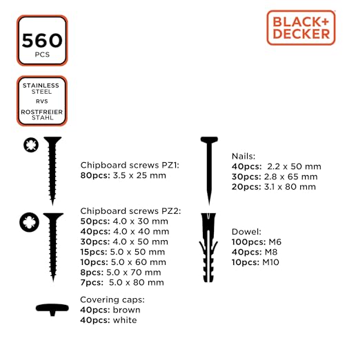 BLACK+DECKER Set of Nails, Dowels and Screws - 560 Pieces - Assortment Box - Fischer Dowels - Dowel Screws - Set - Image 4