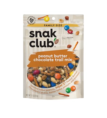Snak Club Peanut Butter Chocolate Trail Mix with Peanuts, Peanut Butter M&M’S, Toffee Peanuts, and Pretzels, 11 oz Resealable Bag