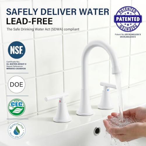 Image of Bathroom Faucet 3 Hole, White Faucets with Pop-up Drain and Supply Lines