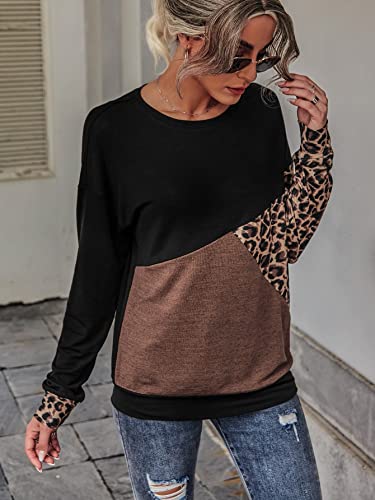 Soly Hux Women's Casual Long Sleeve Color Block Leopard Print T Shirts Pullover Tops Multicoloured M #TOP3