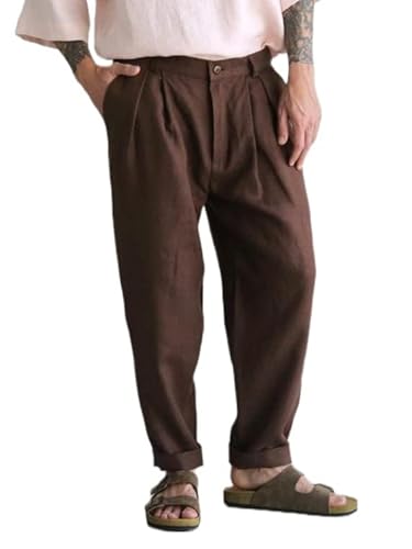 Men's linen pants with pleats, Loose fit pants, Brown pleated