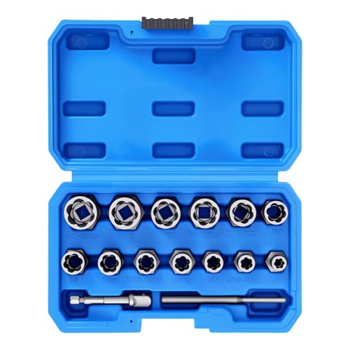 Ghekkli Extracteur de Vis et Écrous Cassés, 15 Pièces Jeu de Douilles Extractrices à Filetage Inversé, Acier Chrome-Molybdène, pour Débloquer Écrous...