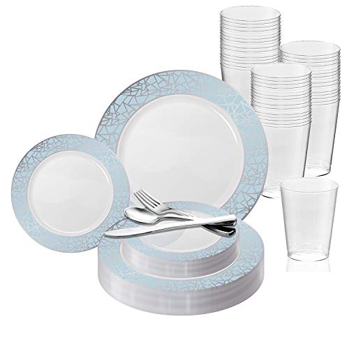 Elegant Disposable Plastic Dinnerware Set for 60 Guests - Fancy White with Blue & Silver Mosaic Dinner Plates, Dessert Salad Plates, Silverware Set & Cups For Wedding, Birthday Party & All Occasions Elegant Disposable Plastic Dinnerware Set for 60 Guests - Fancy White with Blue & Silver Mosaic Dinner Plates, Dessert Salad Plates, Silverware Set & Cups For Wedding, Birthday Party & All Occasions