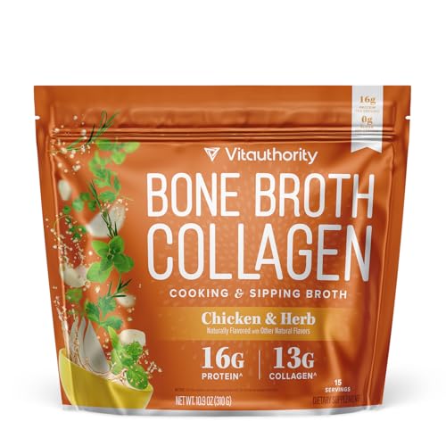 Vitauthority Bone Broth Collagen Delicious Chicken Noodle Flavored - Packed with 16g of Protein & Types I, II, III - Nourishes Skin, Hair, Nails, Joints, & Gut - Beef BoneBroth