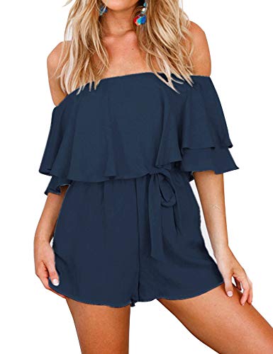 Relipop Women's Solid Jumpsuit Off Shoulder Shrot Sleeve Wasit Tie Short Casual Rompers Dark Blue
