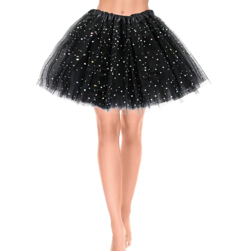 Damen Tüllrock 3 Lagen Tüll Rock mit Pailletten Sternen Adult Teen Tütü Rock Damen Mädchen Retro 80er Party Halloween Karneval Party Kostüm (Schwarz)