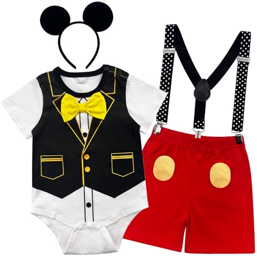Wosixima Infant Mouse Costume Outfit Suit Bodysuit First Birthday Clothes 4-Piece Set with Suit Bodysuit Shorts Suspenders and Ears 0-3 Months