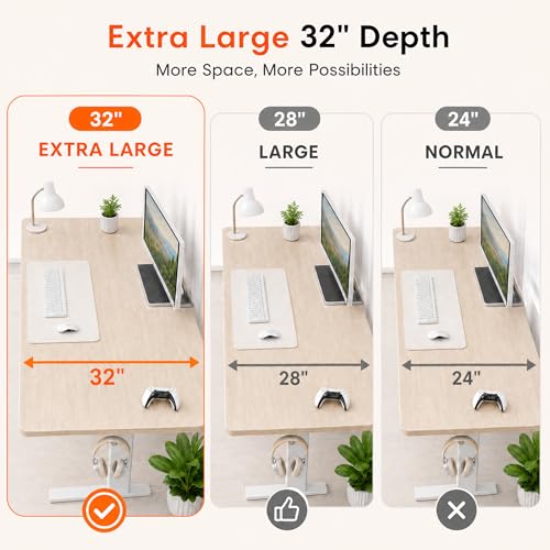Image of Grandder 47x32 Large Electric Standing Desk, Height Adjustable Computer Desk with 2 Memory Presets, 31.5 inch Deep Desktop Sit Stand Desk Home Office Desk Workstation Table with Hooks, Light Walnut