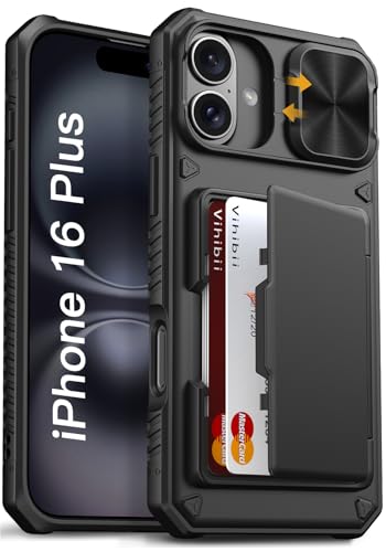 Image of Vihibii for iPhone 16 Plus Case Wallet with Card Holder (4 Cards) [RFID Blocking] & Slide Camera Cover, Military Grade Drop Protection, Rugged Hard Back & Silicone Edge Phone Case, 6.7 inch 2024, Black