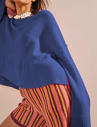 Image of Womens Lightweight Sweaters Crewneck Bell-Style Sleeve Batwing Knit Tops Slouchy Soft Pullover Jumpers(Navy-S)