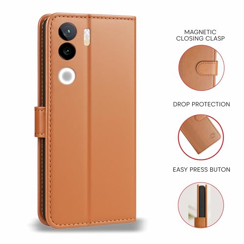 Image of AIBEX Shock Proof Flip Compatible for iQOO Z9s 5G / Vivo V40E 5G Flip Cover Leather Finish | Inside TPU with Card Pockets | Wallet Stand | Complete Protection Flip Case - Brown