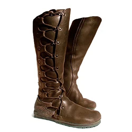 Bnjghcug Botas De Cuero De PU para Mujer Remache con Cordones Botas Largas Retro Medieval Gótico Botas Altas Punta Redonda Tacón Plano Botas Medianas Botas Casuales Antideslizantes,Marrón,40 Cover