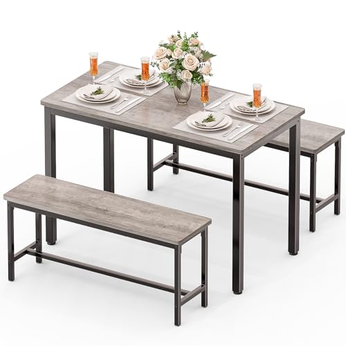 FAVSH Dining Table Set for 4, Kitchen Table with 2 Benchs, Modern Functional 3-Piece Dining Room...