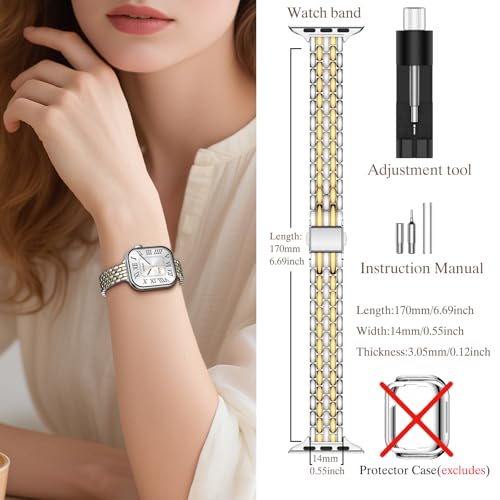 Image of Slim Metal Bands for Apple Watch 38mm 40mm 41mm 42mm(Series 11 /10) | Thin Shiny Stainless Steel Strap Bands for Women, Fit iWatch Series 11 10 9 8 7 6 5 4 3 2 1 SE3 SE2 SE, Silver /Gold