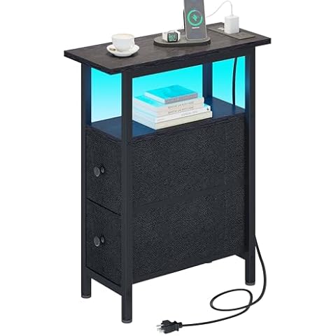 TRIFEBLE End Table with Charging Station, Narrow Side Table with 2 Fabric Drawers, Skinny Nightstand with LED Light, Slim Bedside Table for Bedroom, Living Room, Small Spaces, Black Cover
