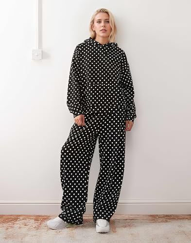 Ythomm Women Polka Dot 2 Piece Outfits Oversized Fleece Hoodie Sweatsuits Wide Leg Sweatpants Matching Sets Fall Tracksuits2