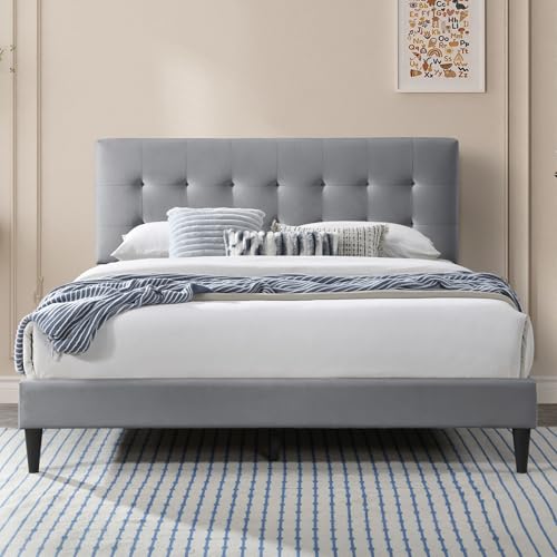 Home Collective Bett 160x200 cm Polsterbett mit Lattenrost Bettgestell Doppelbett mit weichem Bezug & gepolstertem Kopfteil mit Kassettensteppung Robustes Gestell hoher Liegekomfort Grau 160x200 cm